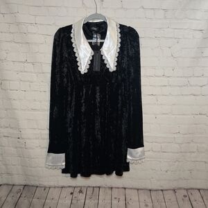 Dolls Kill Widow Casting Spells Black Velvet Mini Dress with White Lace Collar